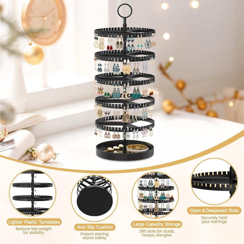 MODOWEY 5 Tier Rotating Earring Holder Organizer Display Tree with Metal Tray, Adjustable Plastic Stand with 285 Slots for Stud Hoop Hanger, Large Capacity Storage Rack for Women Space Saving, Black - Image 5